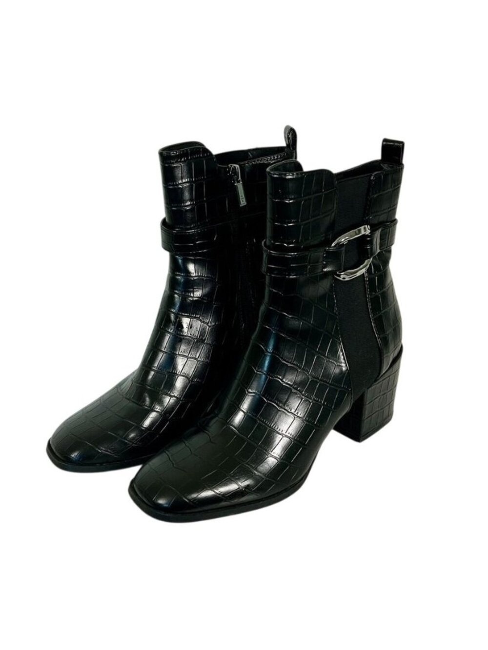 Kenneth Cole Black Croc Embossed Ankle Boots Block Heel Women Sz 9 NWOB 90s Y2K - Picture 1 of 14
